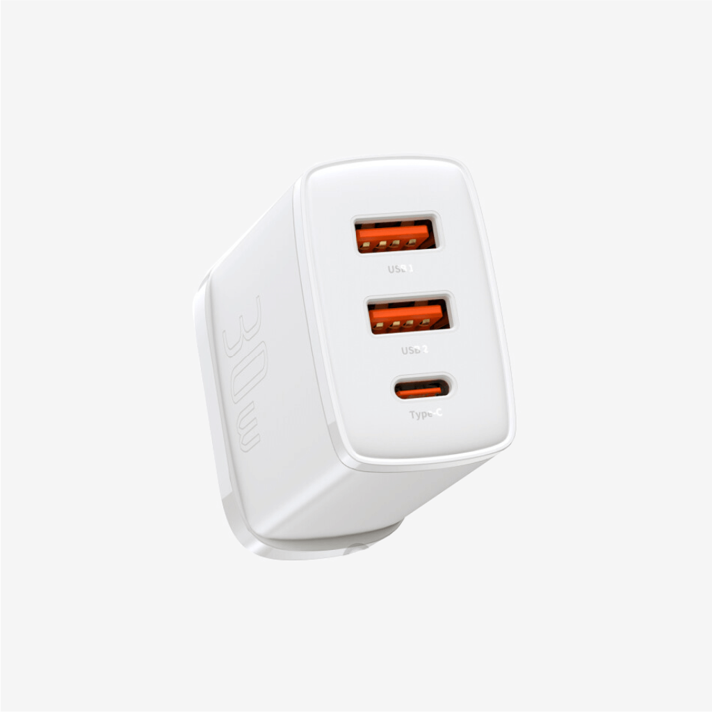 Baseus 30W 3-Port 2xUSB + Type-C PD Fast Charger Adapter White