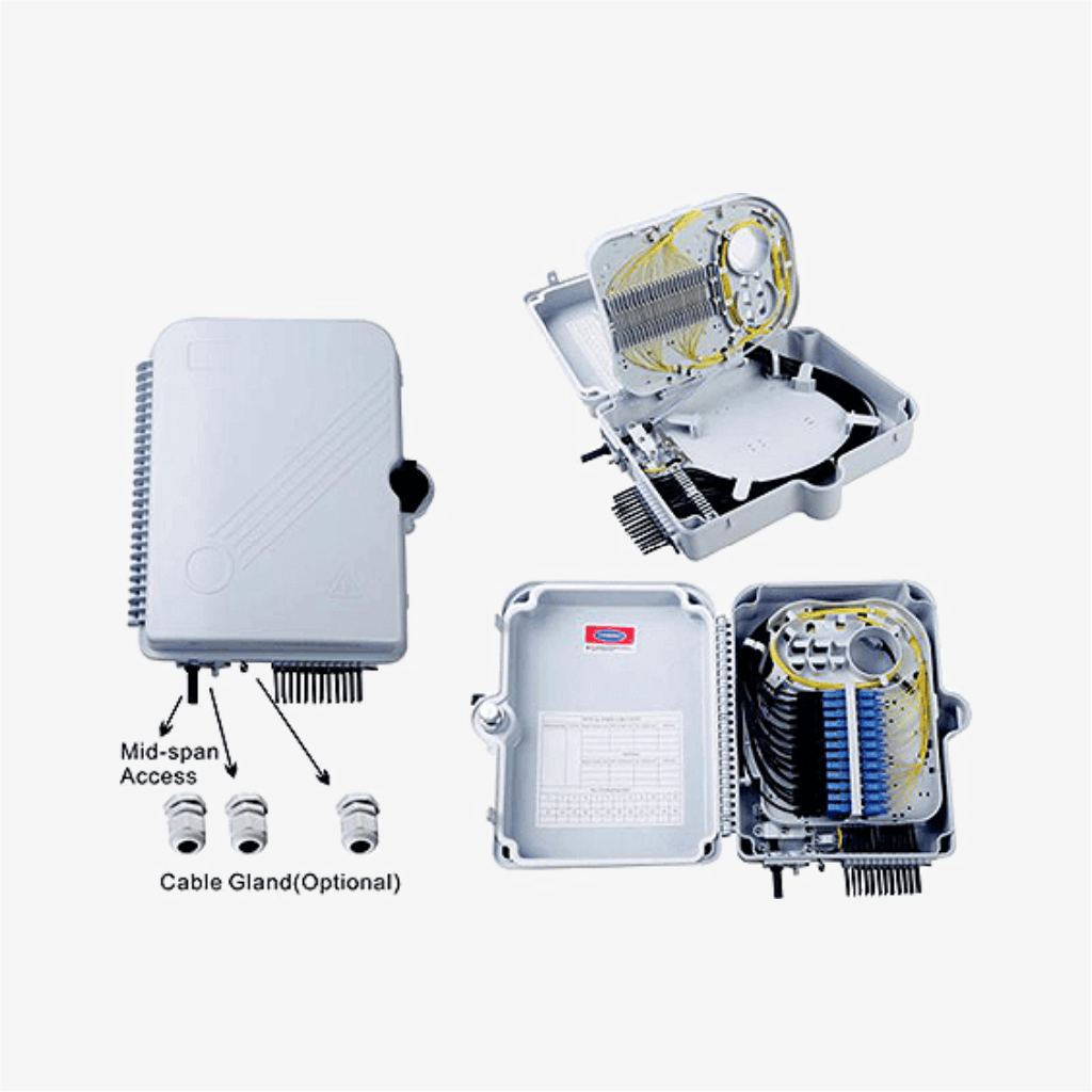 Sopto - Splitter Distribution BoxOutdoor pole mounted/wall mounted 24 cores Simplex SC/Duplex LC type available for Steel tube splitter installation with hoop ,without adaptors , pigtails and splitte Plastic type A
