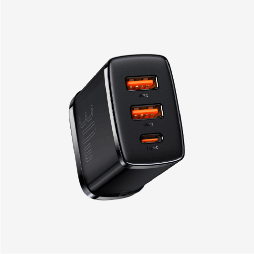 Baseus 30W 3-Port 2xUSB + Type-C PD Fast Charger Adapter Black